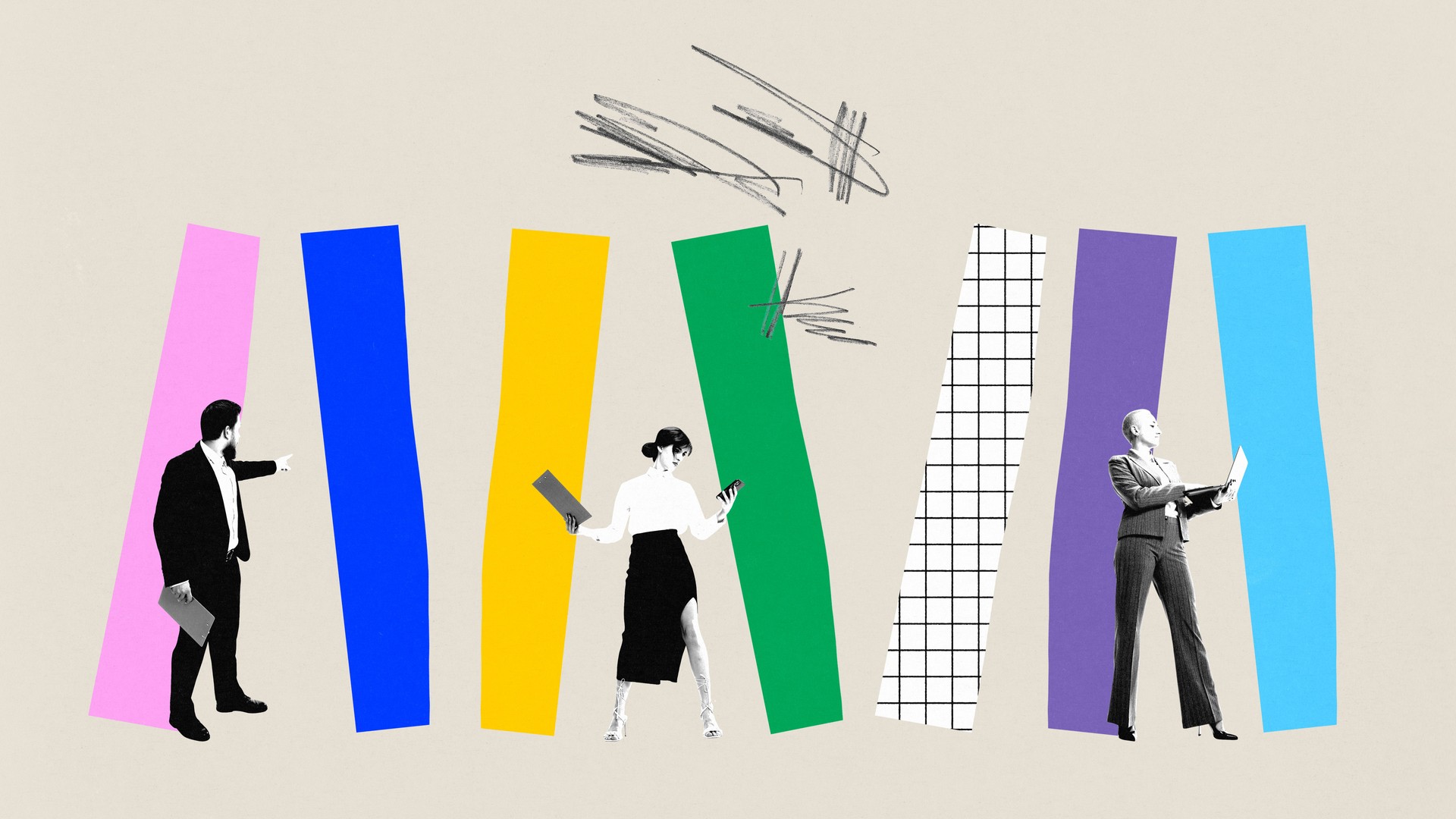 Business people, employees, co-workers working together on projects, analytics and strategies. Contemporary art collage.